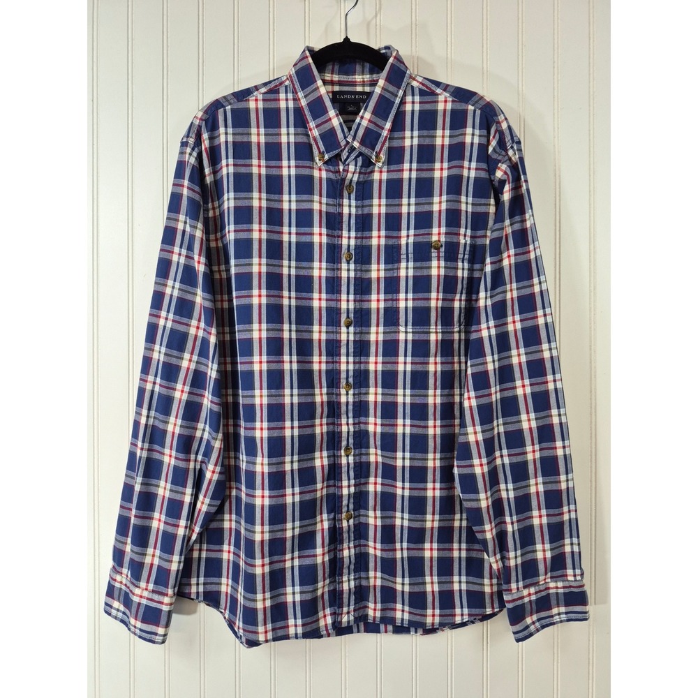 Lands End Mens Blue Red Plaid Cotton Button Down Shirt Large Long Sleeve Preppy
